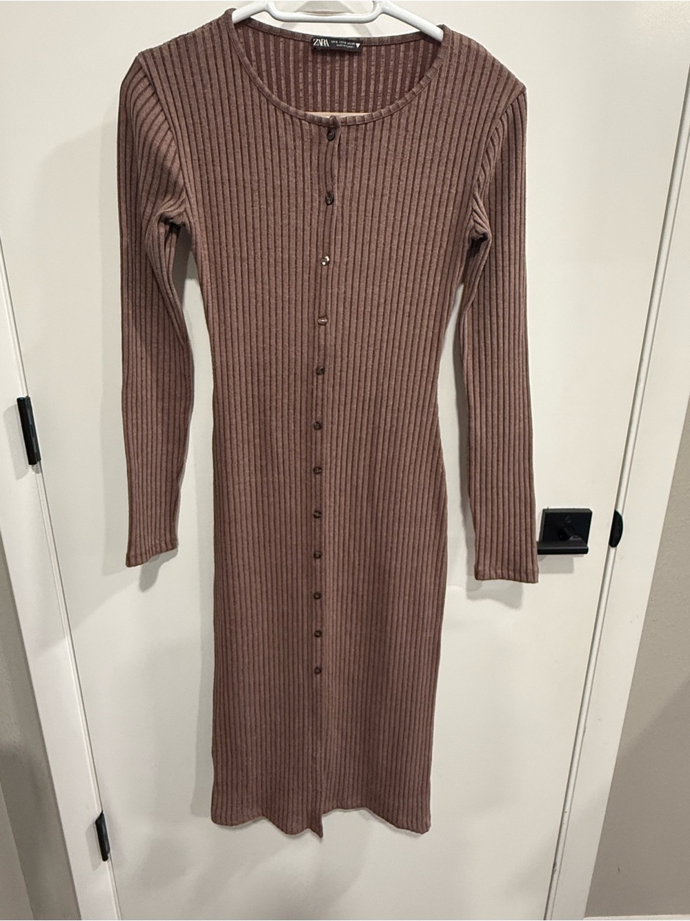 Zara | Dresses | Zara Womens Brown Ribbed Knit Button Front Bodycon Midi Dress Long Sleeve S